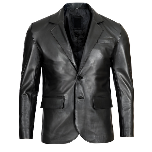 Men’s Real Lambskin Leather Two Button Black Blazer