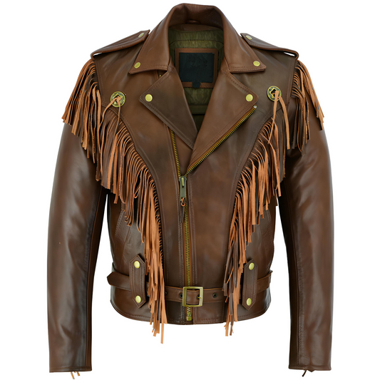 Unisex Vintage Brown Biker Fringe Leather Jacket